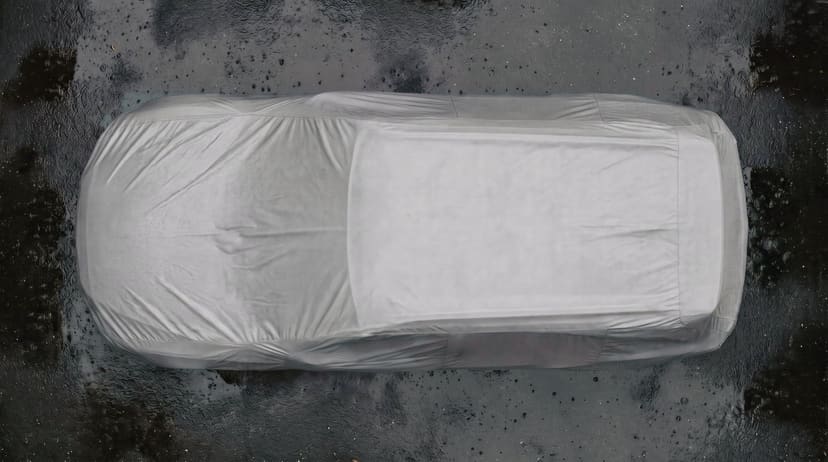 Top-down view of a light grey cover fitted over an SUV on dark wet pavement.