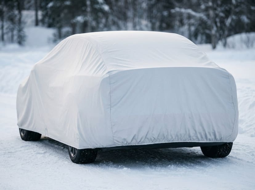 The rear of a sedan under a light grey cover in fresh snow, pine trees behind.
