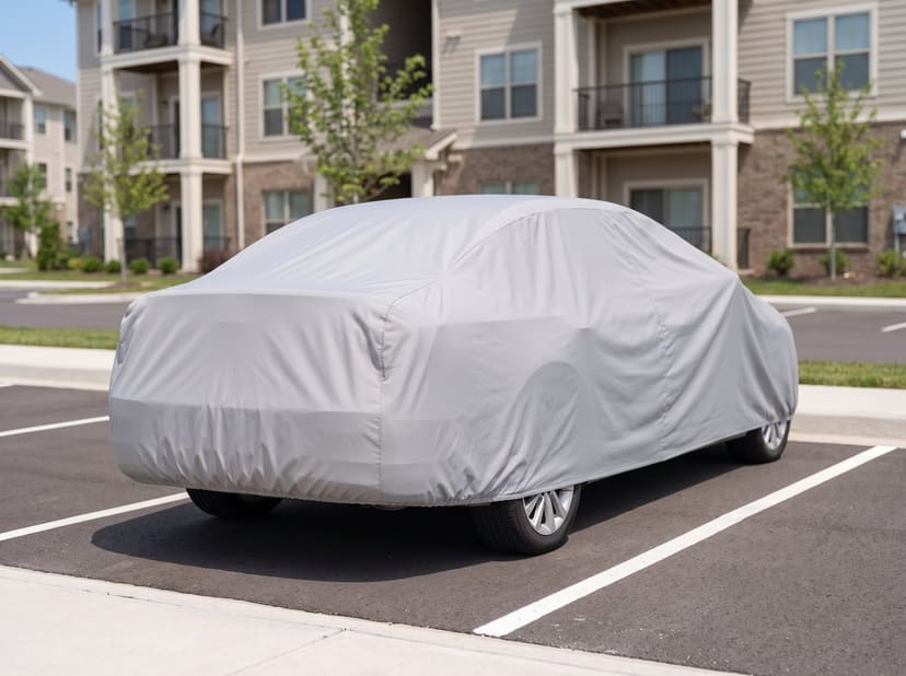 The rear of a sedan under a light grey cover in a marked space of an apartment parking lot, balconies behind