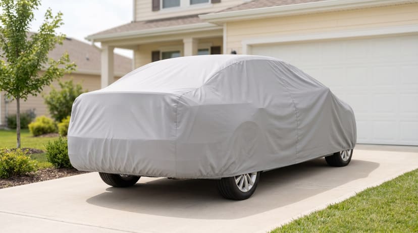 The rear of a sedan under a light grey cover on a concrete driveway in front of a cream house and a white garage door