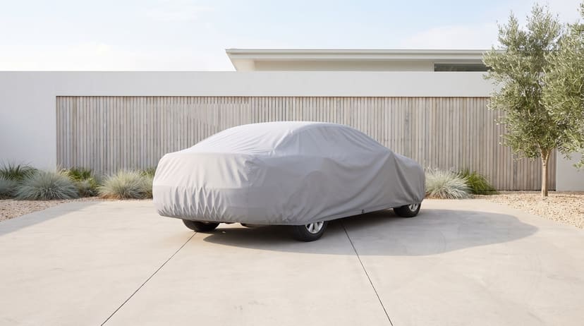 The rear of a sedan under a light grey cover on a pale concrete forecourt, a slatted wood wall and an olive tree behind
