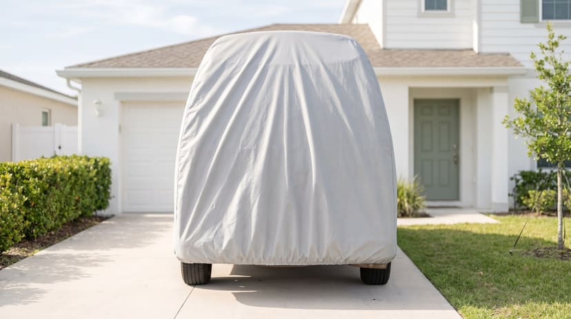 The rear of a high-top van under a light grey cover on a concrete driveway in front of a white house with a sage-green door.