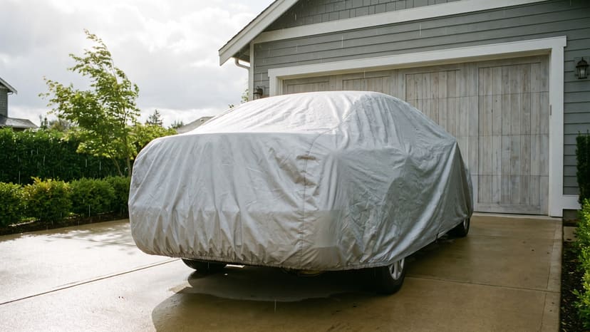 A sedan under a silver outdoor cover on a wet home driveway in light rain