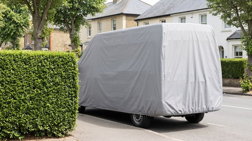 A high-roof van under a light grey cover parked at the curb of a leafy residential street, a clipped hedge beside it.