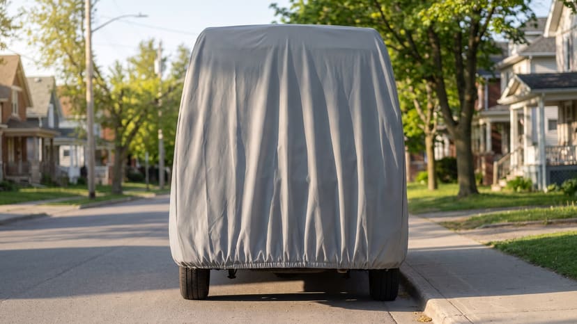 The rear of a high-roof van under a grey cover on a tree-lined residential street in late sun.