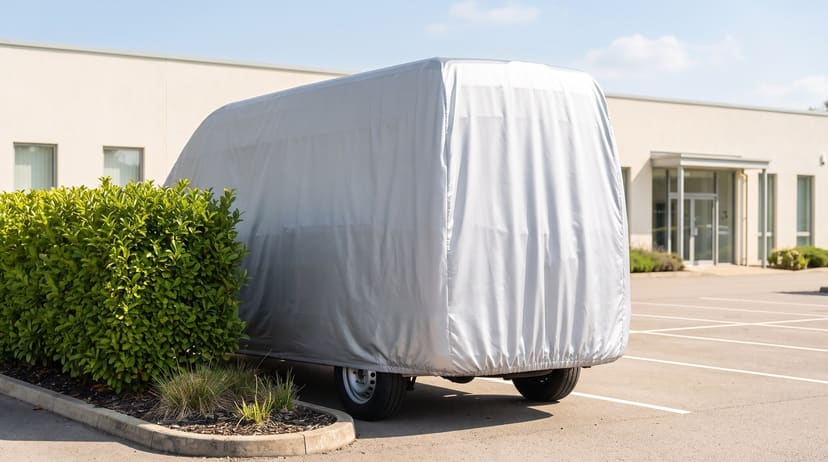 A high-roof van under a silver cover in a business parking lot beside a hedge, a low office building behind.
