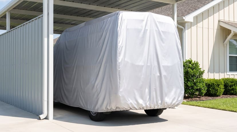 The rear of a high-roof van under a silver cover in a metal carport beside a house.