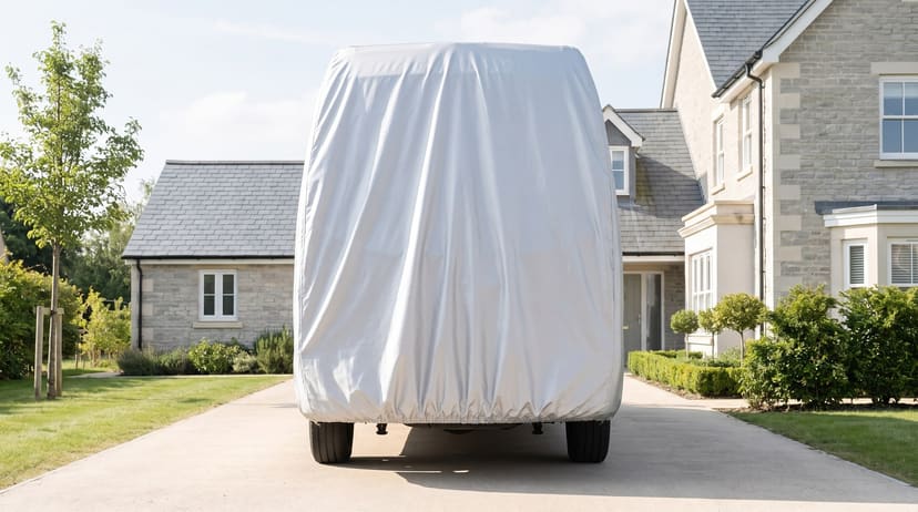The rear of a high-roof van under a silver cover on a pale driveway in front of a stone house.