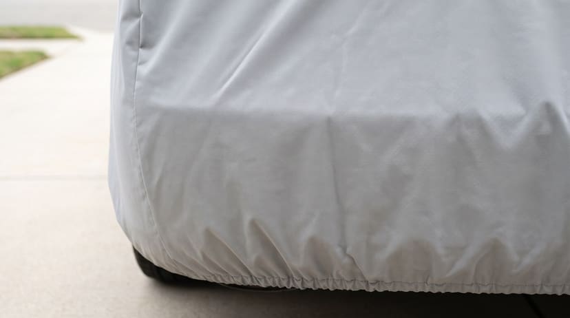 Close-up of a light grey woven cover at the front corner of a car, the elastic hem gathered under the bumper