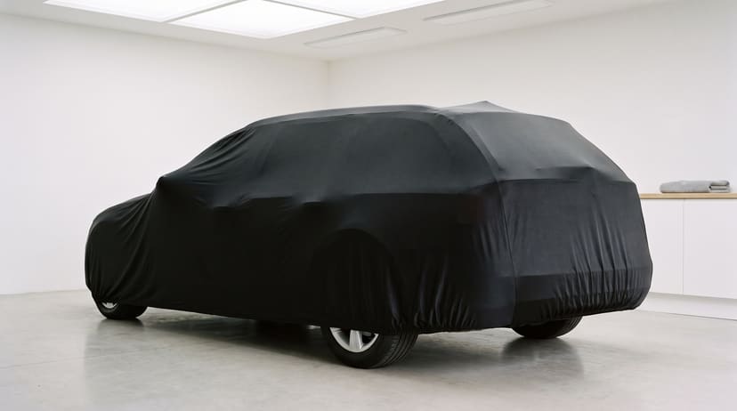 The rear of a station wagon under a black stretch cover in a bright, empty white garage under skylights.