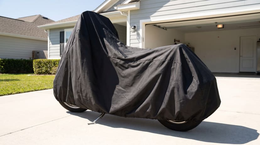 A touring motorcycle under a black cover on a pale concrete driveway in front of an open garage, seen from the rear.
