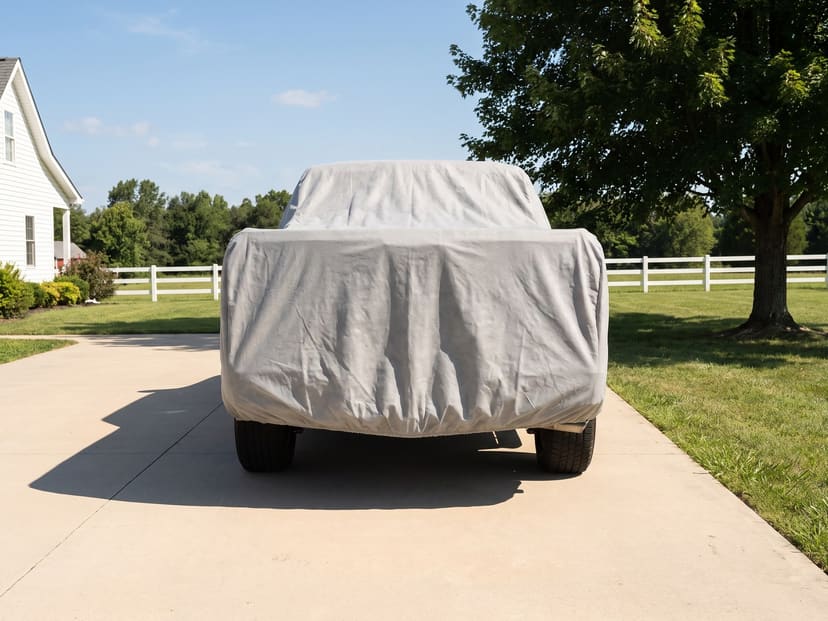 The rear of a pickup under a light grey cover on a sunny driveway, a white fence and a big shade tree behind.