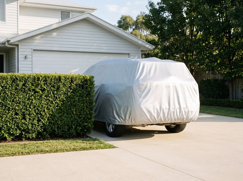 The rear of an SUV under a silver cover on a suburban driveway in late sun, beside a clipped hedge.