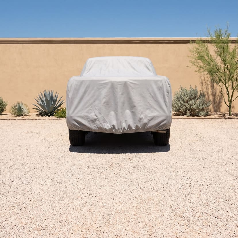 The rear of a pickup under a light grey cover on a gravel yard in front of a sunlit desert wall