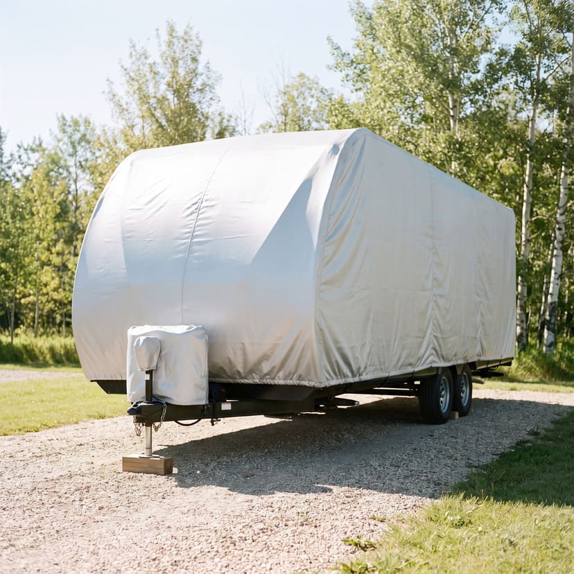 A travel trailer on a gravel drive beside birch trees, under a fitted silver cover.
