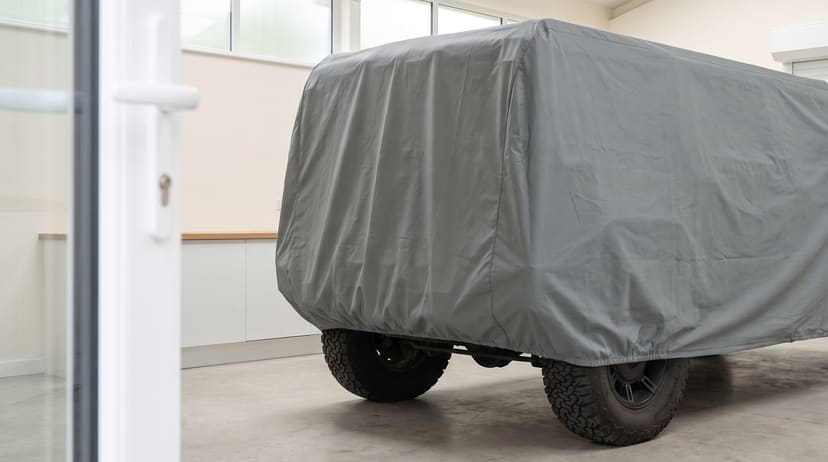 The rear of a boxy off-road SUV on all-terrain tires under a medium grey matte cover in a bright garage, seen through an open glass door.