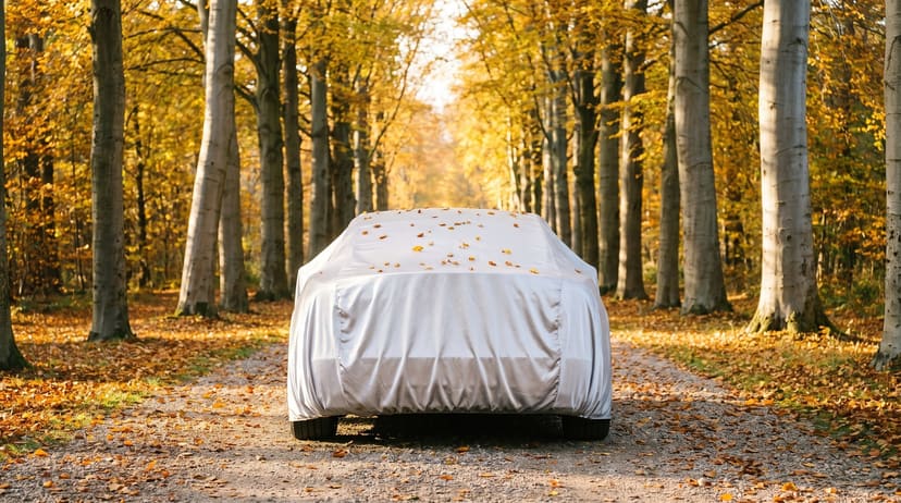 The rear of a car under a silver cover on a gravel lane between tall autumn trees, fallen leaves on the ground and a few on the roof.