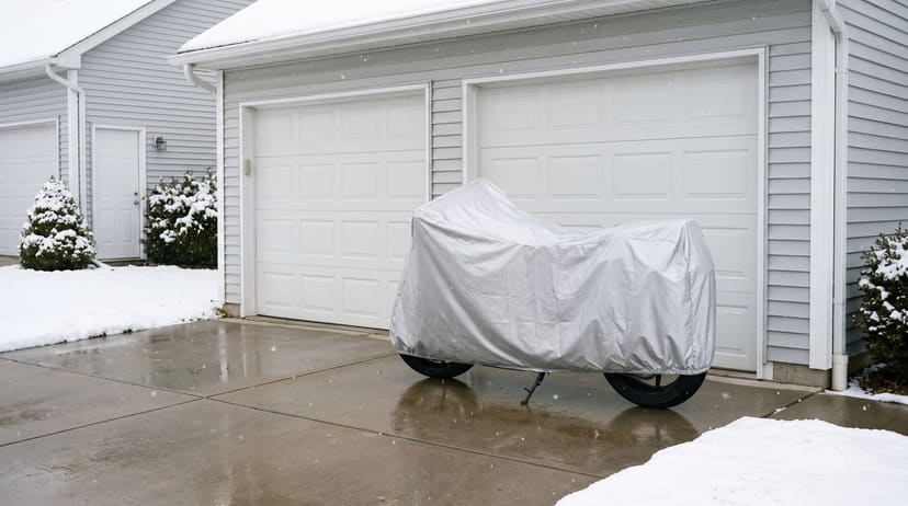 A motorcycle under a silver cover on its side stand on a wet driveway, snow banked beside the garage doors.