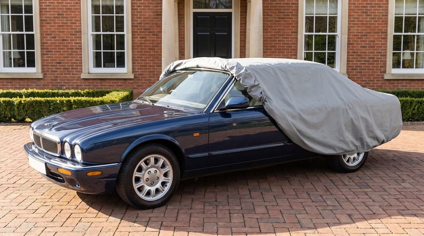 A dark blue classic sedan with a light grey cover drawn back off the front, the door mirror in the open, on a brick-paved drive in front of a red brick Georgian house.