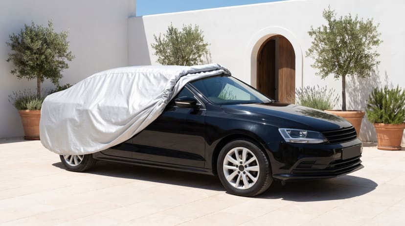 A black sedan with a silver cover drawn back off the front, the door mirror in the open, on a pale stone courtyard in front of a white-walled villa with potted olive trees.