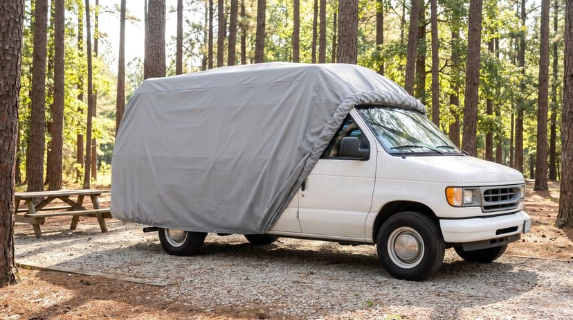 A white high-top van with a light grey cover drawn back off the front, the door mirror in the open, on a gravel campsite among tall pines beside a picnic table.
