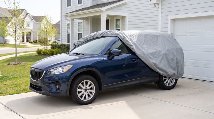 A dark blue SUV with a light grey cover drawn back off the front, the door mirror in the open, on a suburban driveway in front of a white garage door.
