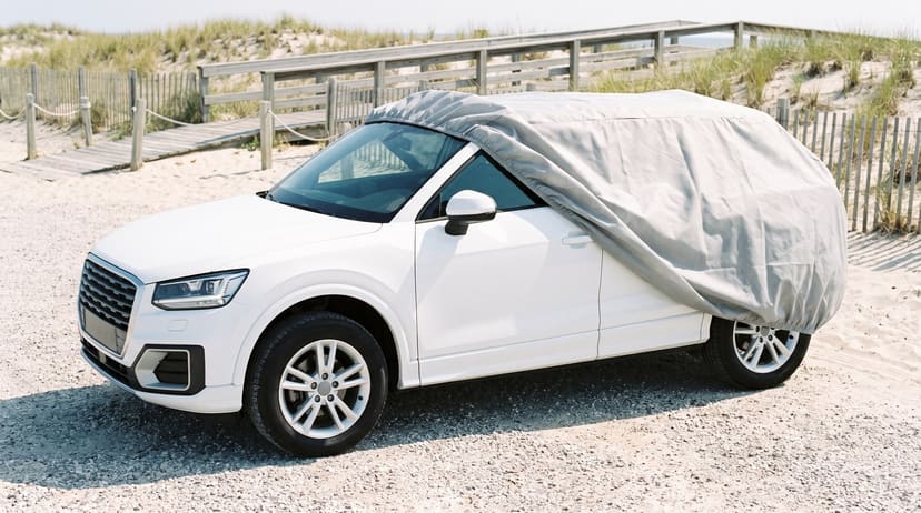 A white SUV with a light grey cover drawn back off the front, the door mirror in the open, on a sandy gravel lot beside a dune boardwalk.