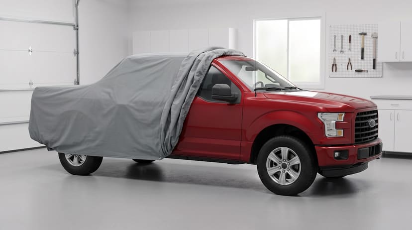 A red pickup with a medium grey cover drawn back off the front, the door mirror in the open, in a bright white home garage, a pegboard of tools behind.