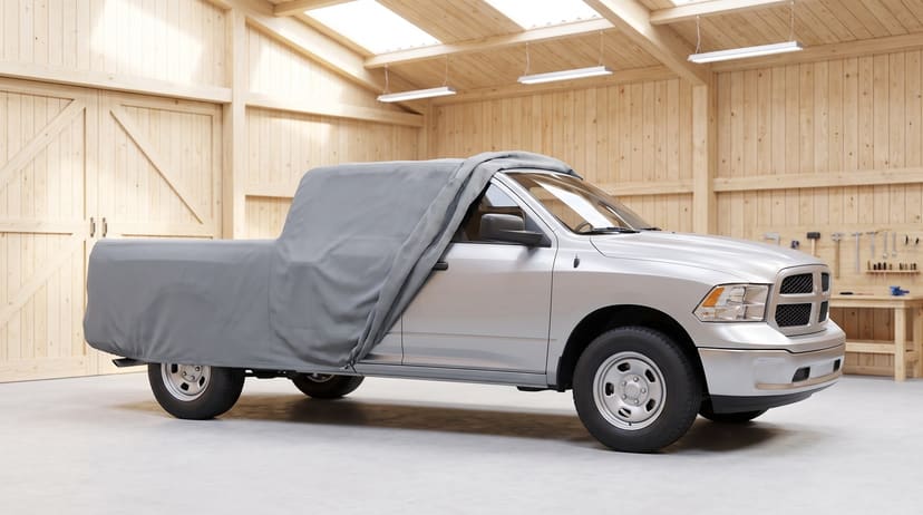 A silver pickup with a medium grey cover drawn back off the front, the door mirror in the open, in a bright timber-walled workshop with a workbench and hand tools.