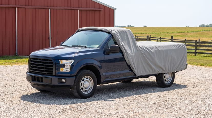 A dark blue pickup with a light grey cover drawn back off the front, the door mirror in the open, on a gravel yard in front of a red barn.