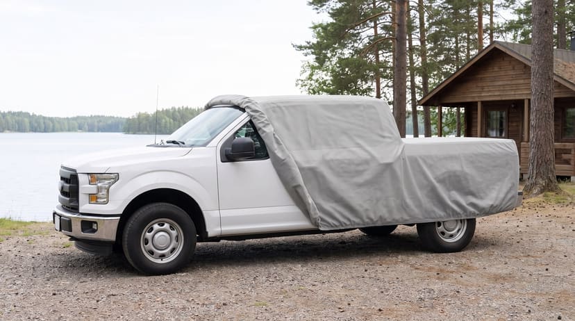 A white pickup with a light grey cover drawn back off the front, the door mirror in the open, on a gravel lakeshore beside a log cabin and pines.