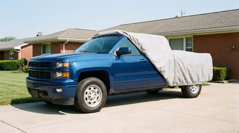 A blue pickup with a light grey cover drawn back off the front, the door mirror in the open, on a concrete driveway in front of a brick ranch house.