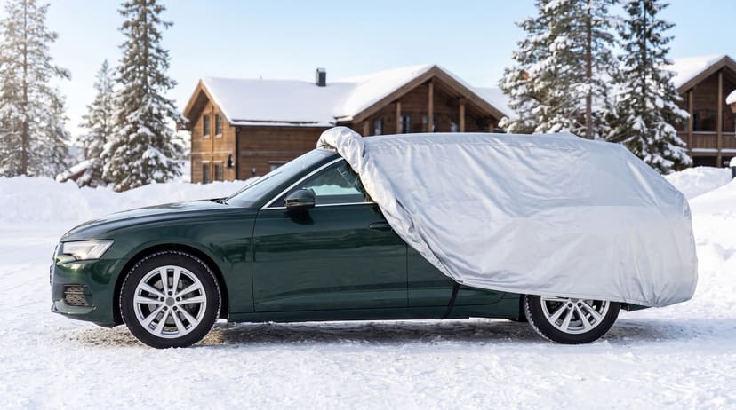 A dark green station wagon with a silver cover drawn back off the front, the door mirror in the open, in fresh snow in front of a timber lodge and snowy pines.