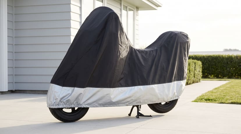 A scooter under a black cover with a silver lower band, on a driveway by a white house.