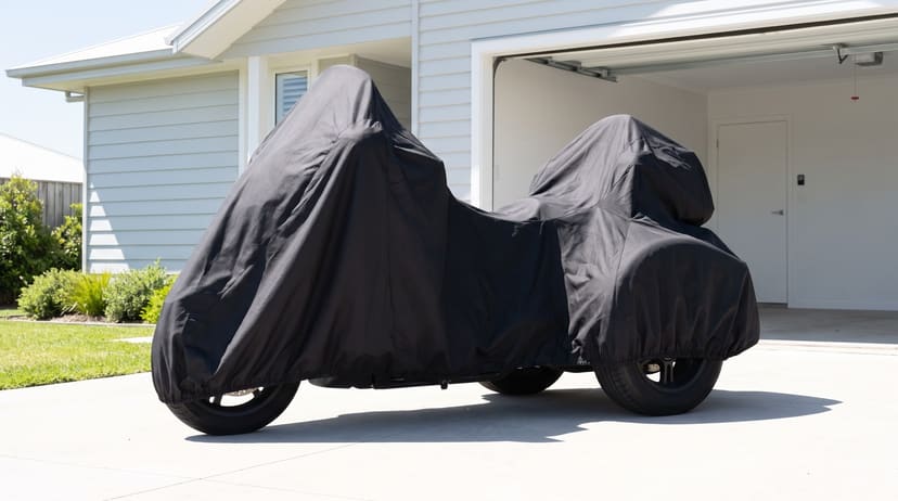 A touring trike under a black cover on a pale concrete driveway in front of an open garage.