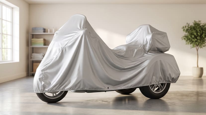 A touring trike under a silver cover in a bright, tidy garage with shelves and a plant.