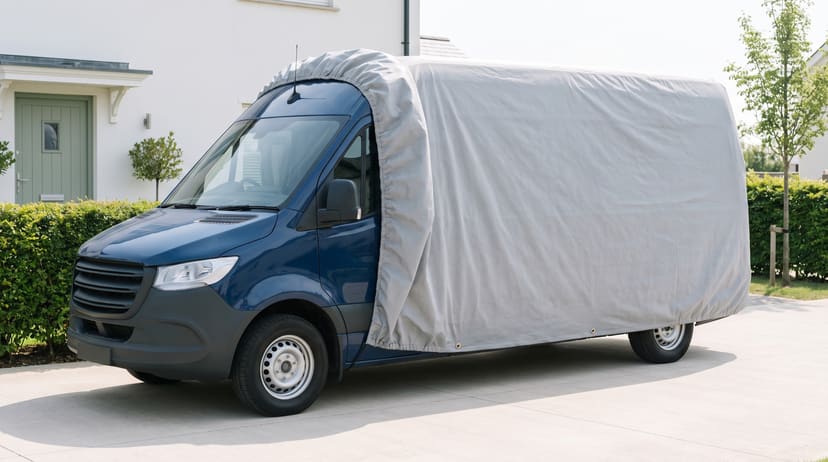 A dark blue high-roof van with a light grey cover drawn back off the cab, the door mirror in the open, on a concrete driveway in front of a white house with a sage-green door.