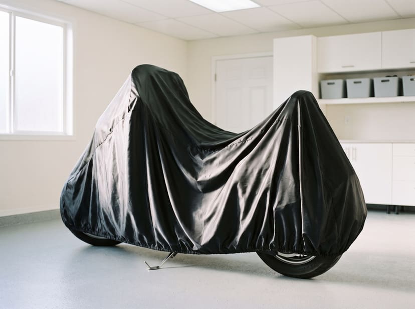 A motorcycle with a windshield under a black stretch cover in a bright, tidy home garage.