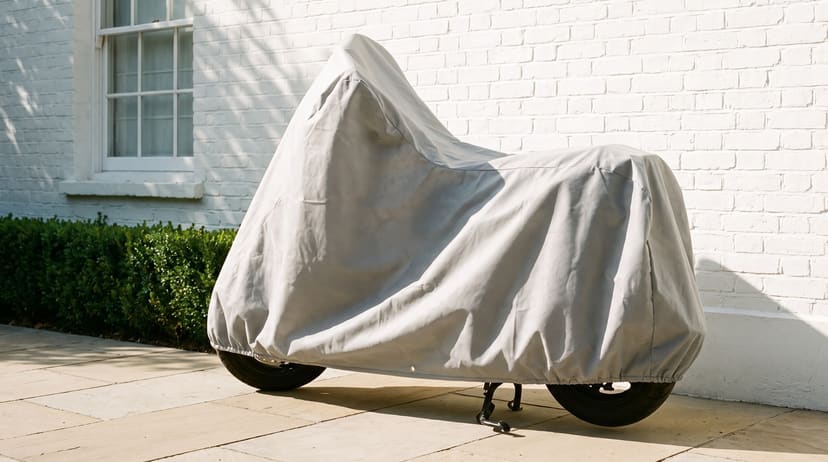 A step-through scooter under a light grey cover on a sunlit stone forecourt beside a white brick wall.