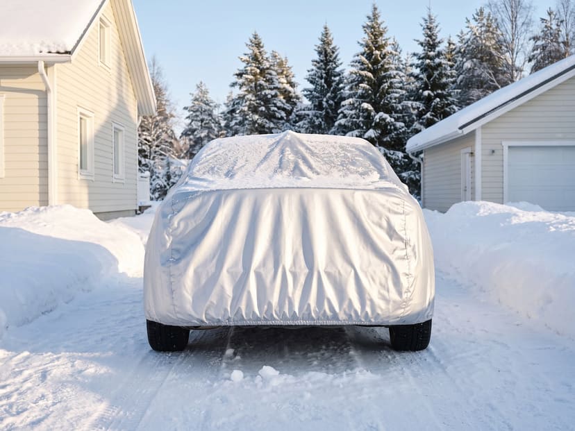 The rear of a sedan under a silver cover in a plowed, snowy driveway, snow dusting the roof.