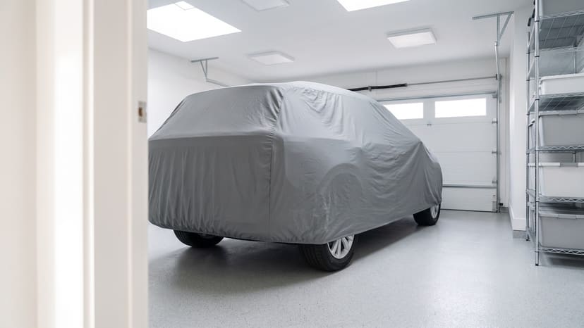 The rear of an SUV under a medium grey matte cover in a bright white home garage, seen through an open doorway, wire shelving at the right.