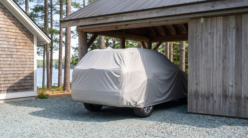 The rear of an SUV under a light grey cover beside an open timber carport on a gravel drive, a lake and pines behind
