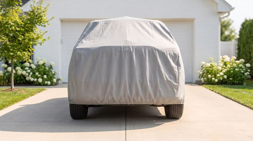 The rear of an SUV under a light grey cover on a concrete driveway in front of a white garage door and hydrangeas.