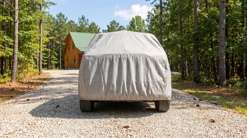 The rear of an SUV under a light grey cover on a gravel drive in a pine forest, a log cabin behind it