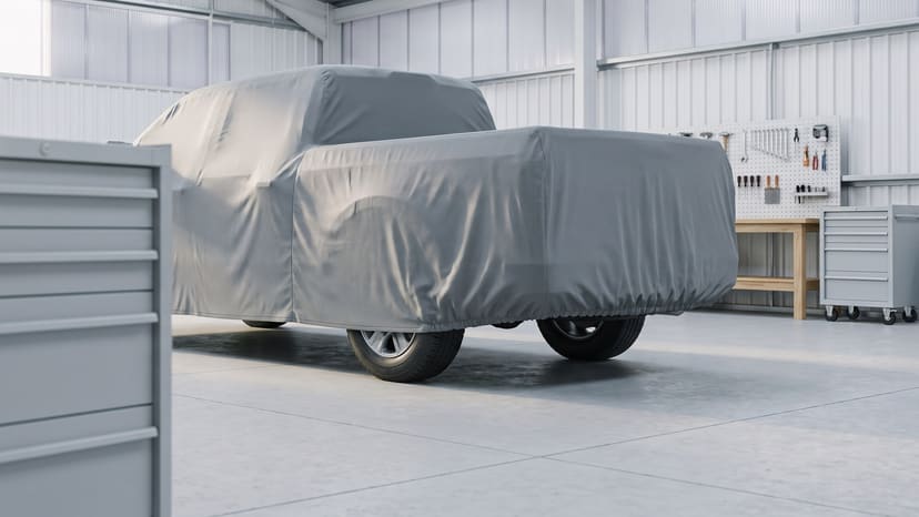 The rear of a pickup under a medium grey matte cover in a bright metal-walled workshop, a tool chest and a pegboard of tools behind.