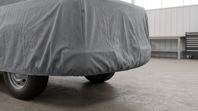 Close up of the rear corner of a pickup under a medium grey matte cover, its elastic hem gathered above the tires in a bright workshop.