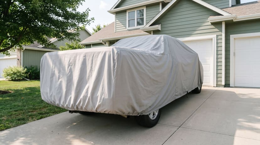 The rear of a pickup under a light grey cover on a driveway in front of a sage green house with a two-car garage