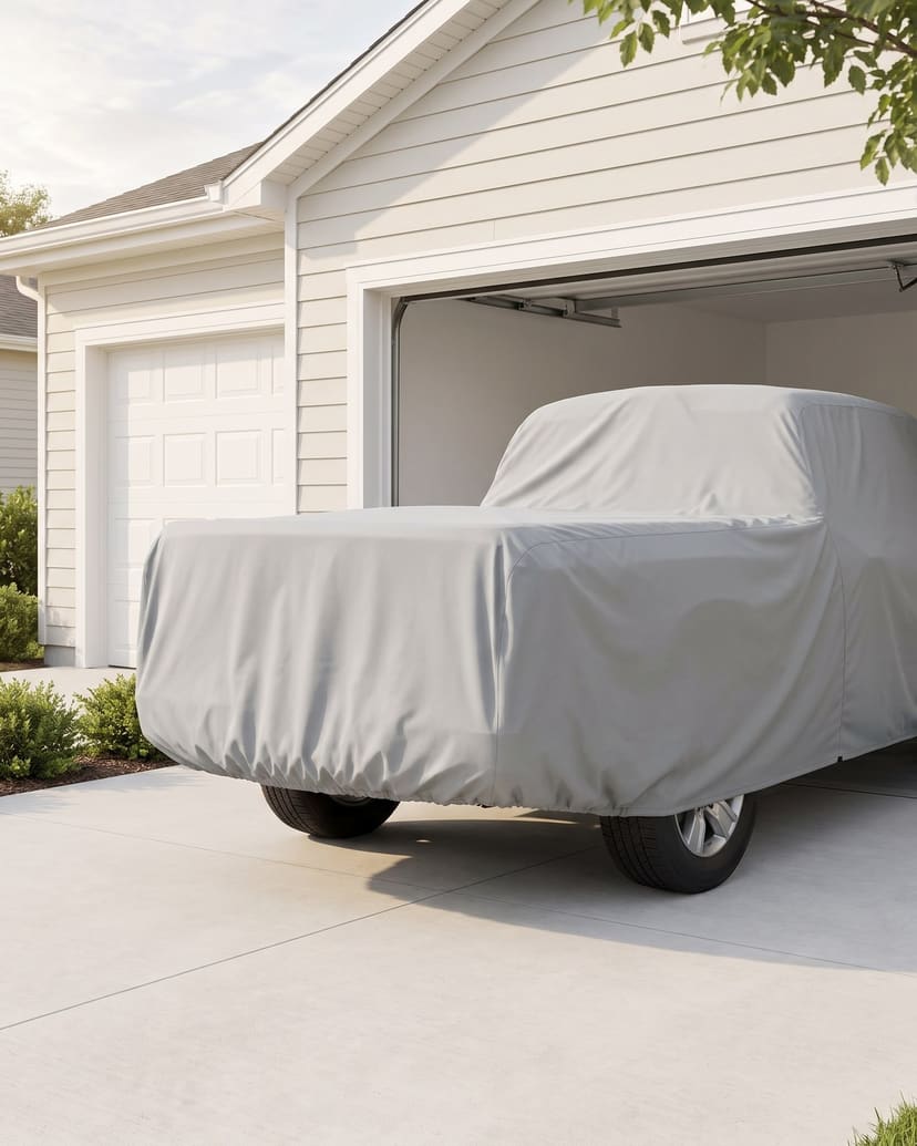 The rear of a pickup under a light grey cover on a driveway in front of an open garage.
