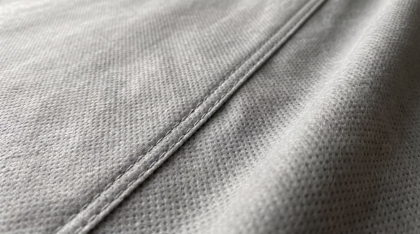 Close-up of a grey non-woven cover fabric, its dotted bonding pattern and a sewn seam catching raking light
