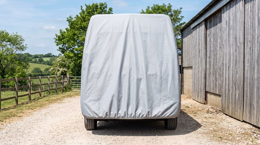 The rear of a high-roof van under a light grey cover on a gravel farm track beside a timber barn, green hills behind.